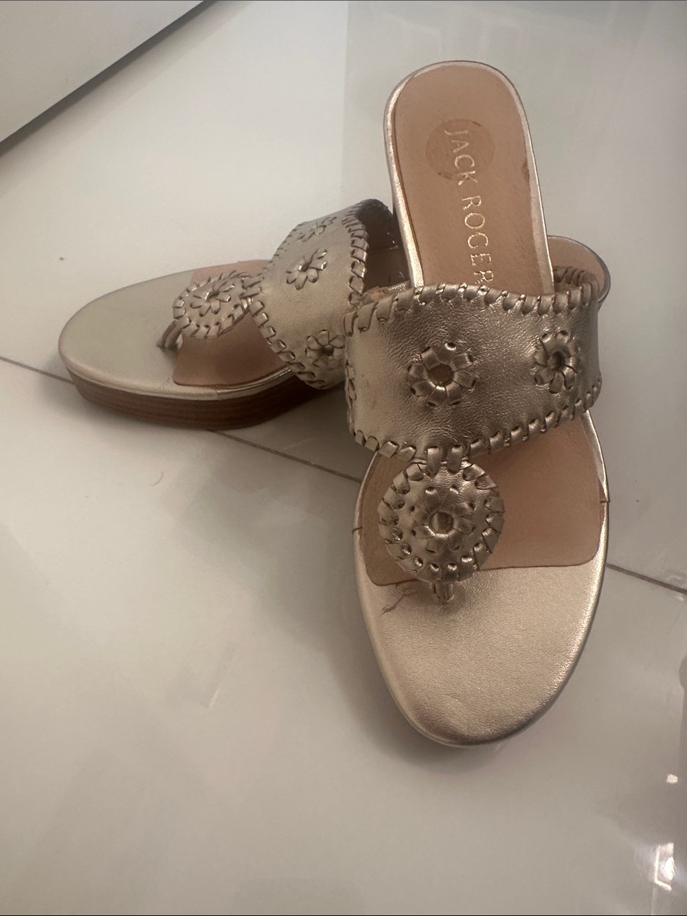 NEVER WORN/Jack Rogers Metallic Gold Wedge Sandals with Braided Medallion